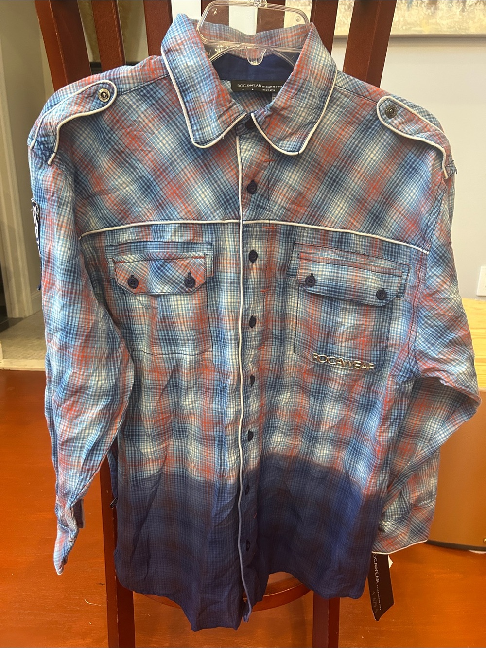 Rocawear Blue and Orange Plaid Ombre Button-Down Shirt